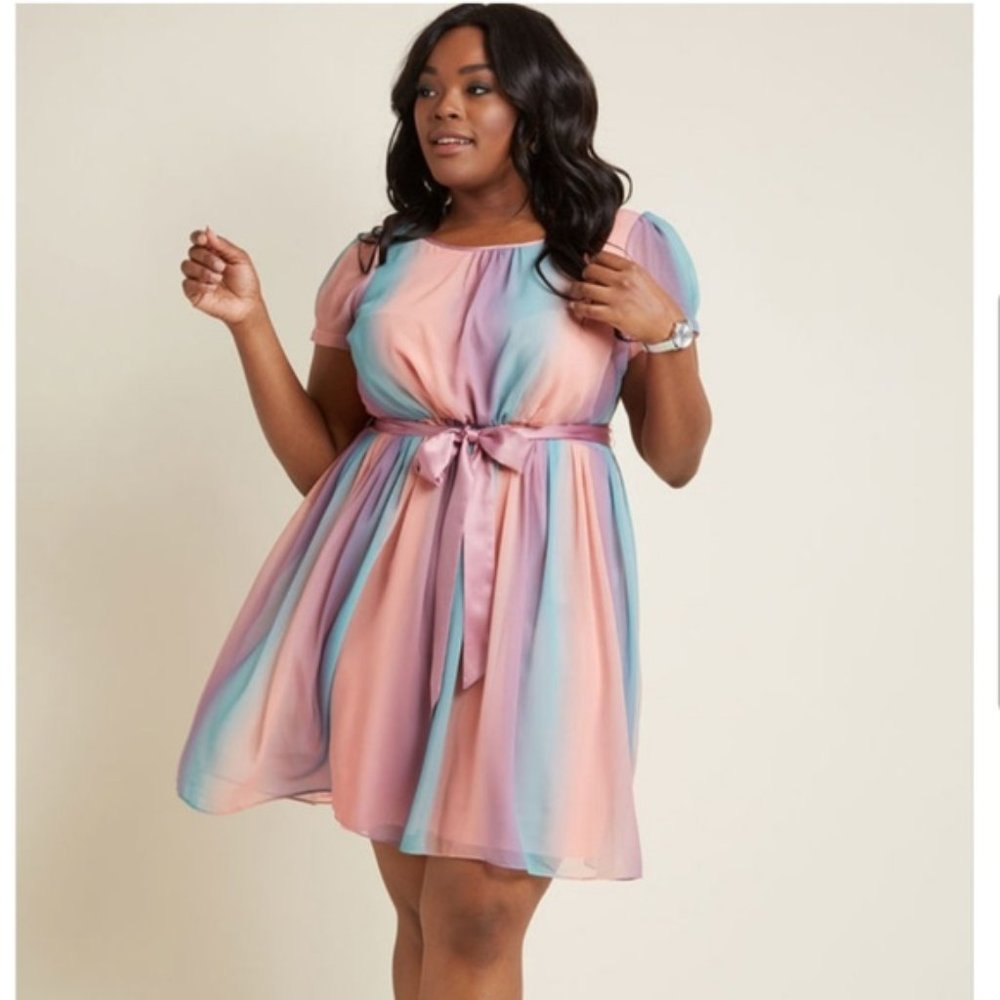 Rainbow Chiffon A-Line Dress with Short Sleeves in L
